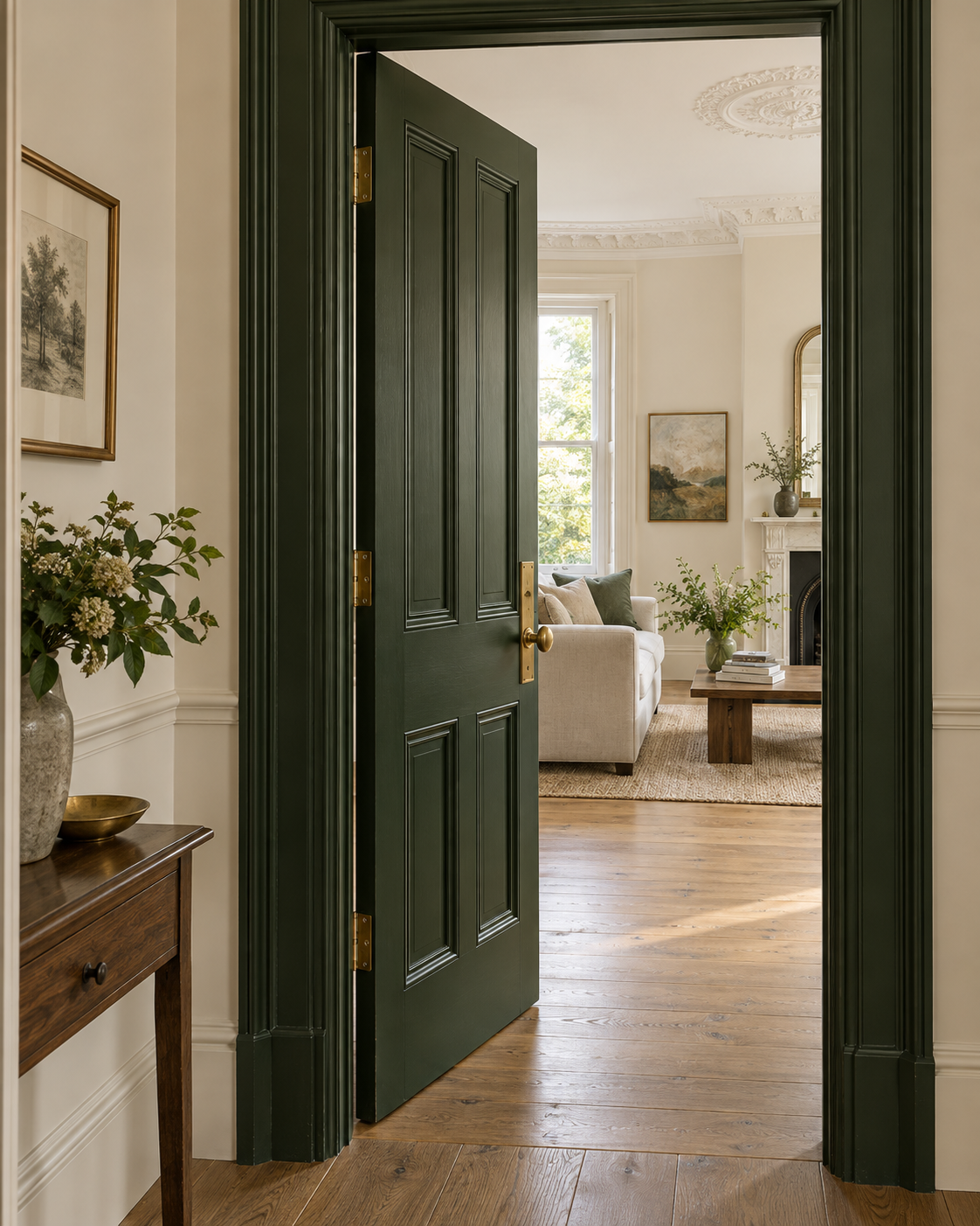 Illustrative interior with a deep green timber doorway and natural light