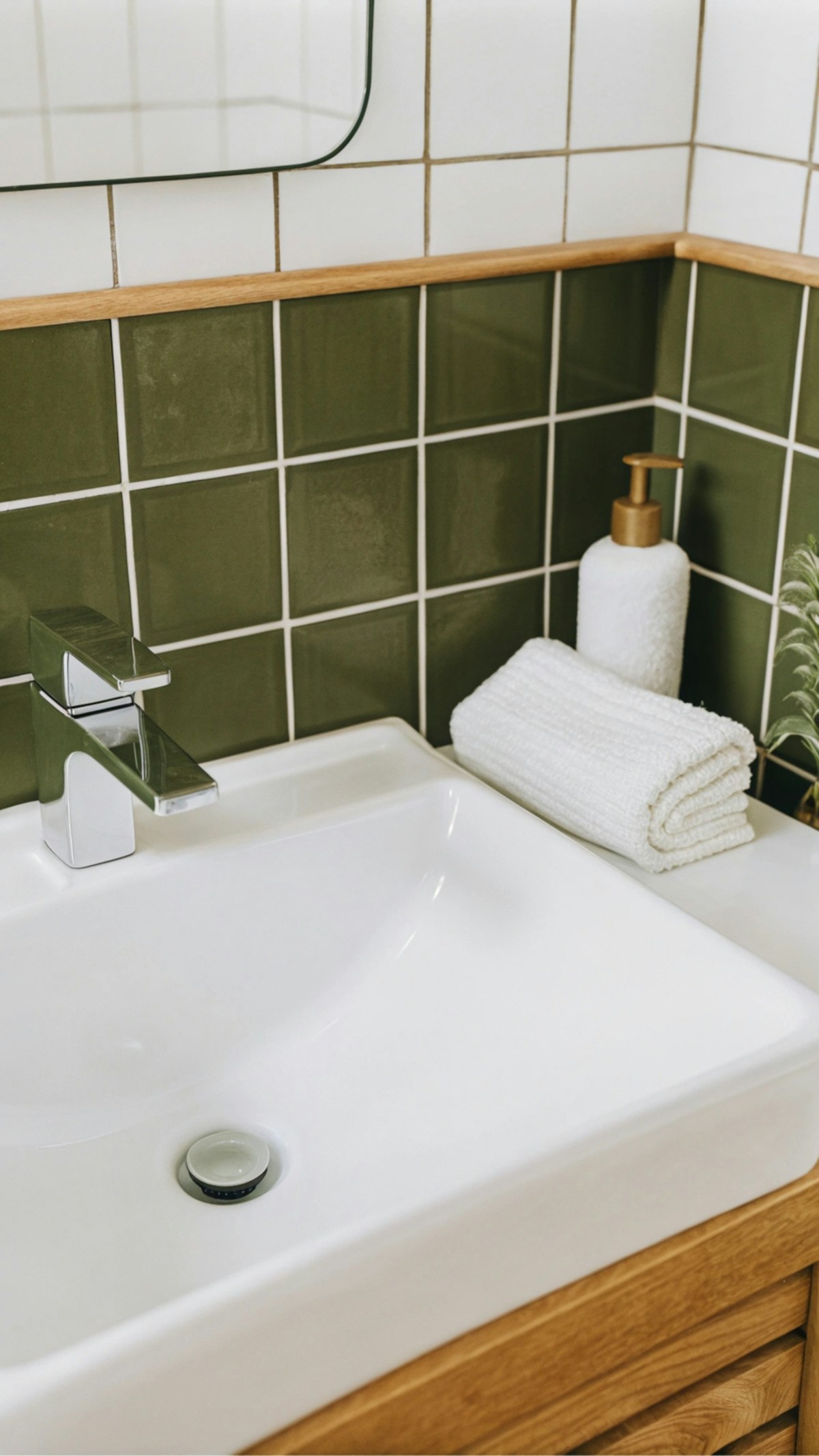A white sink sitting under a bathroom mirror — illustrative stock photograph