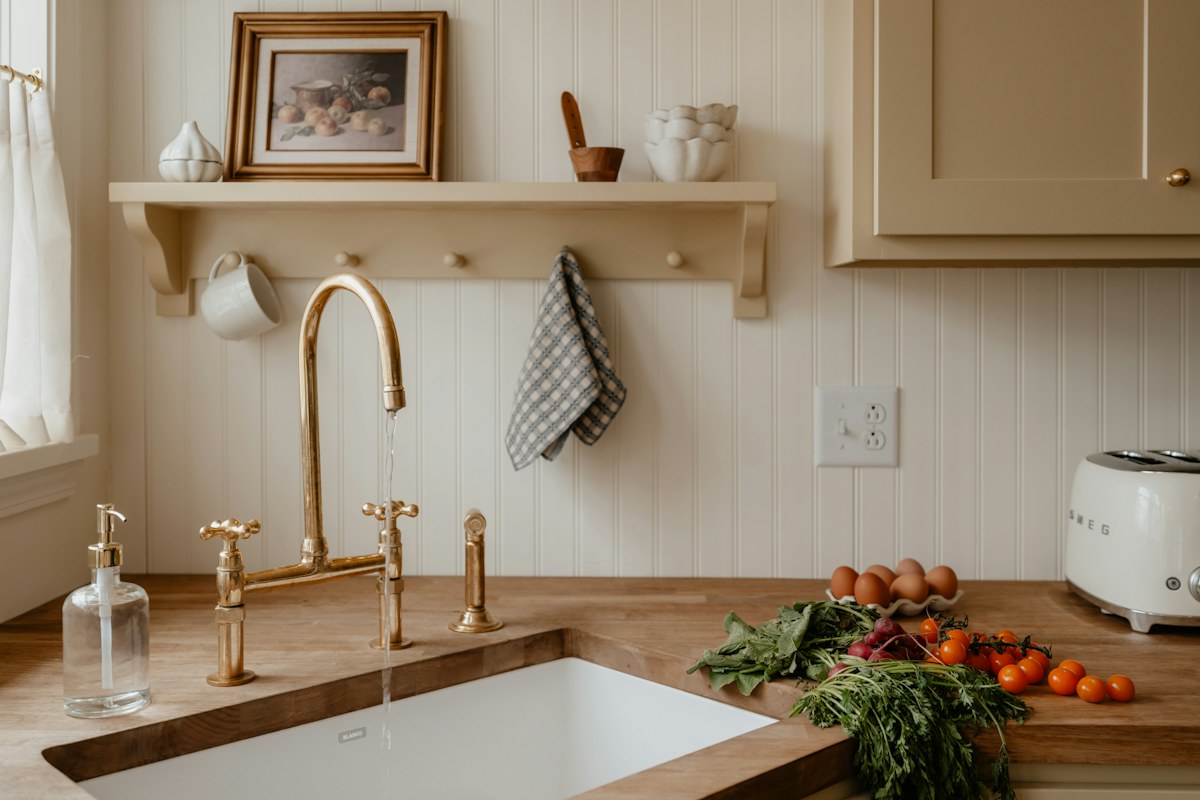 Cozy kitchen scene with sink, shelf, and groceries — illustrative stock photograph